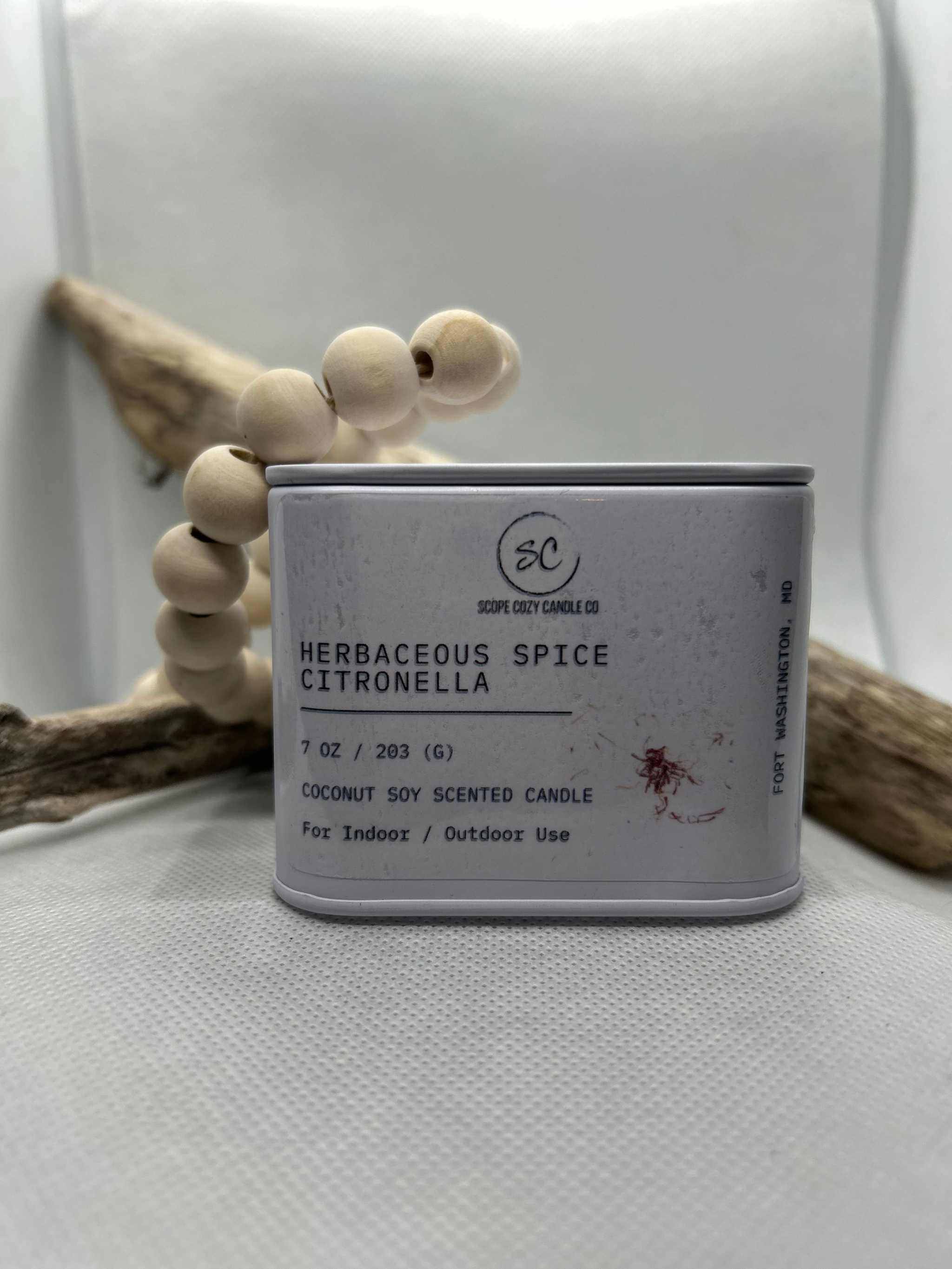 Herbaceous Spice Citronella 7 oz coconut soy scented candle for indoor and outdoor use with natural insect-repelling fragrance
