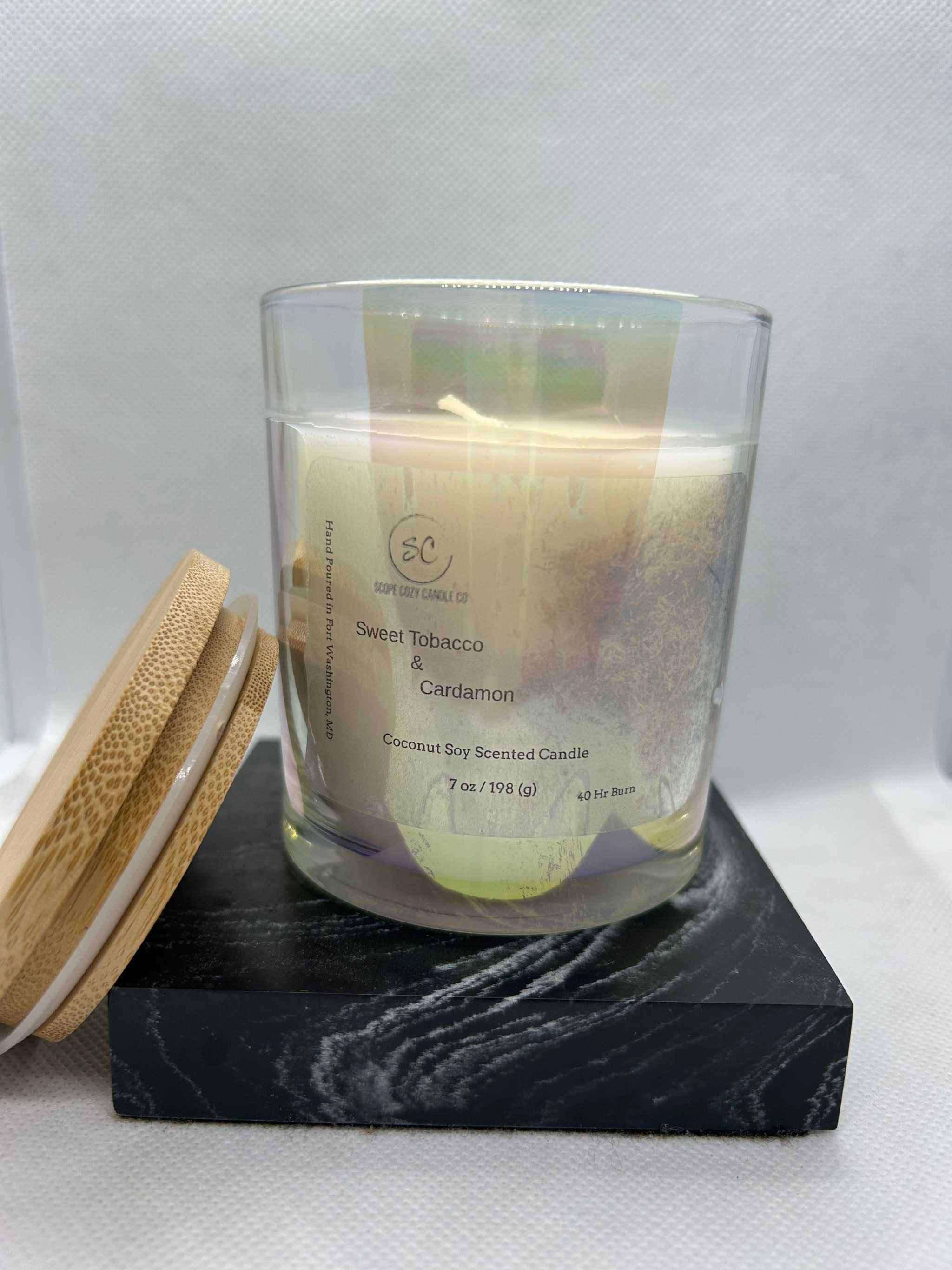 Sweet Tobacco & Cardamom 7oz coconut soy wax candle with warm tobacco, honey, amaretto, and cardamom scents