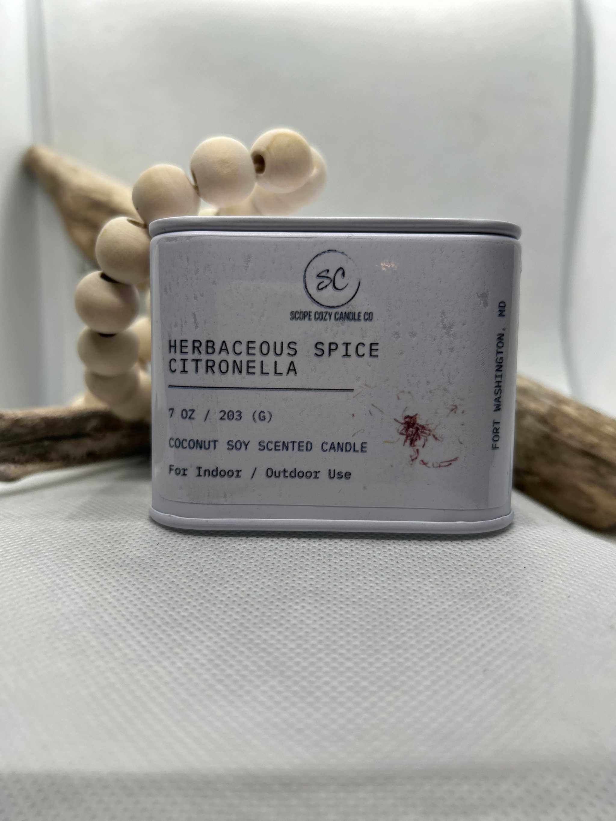 Herbaceous Spice Citronella coconut soy scented candle for indoor and outdoor use with insect-repelling ginger and thyme fragrance