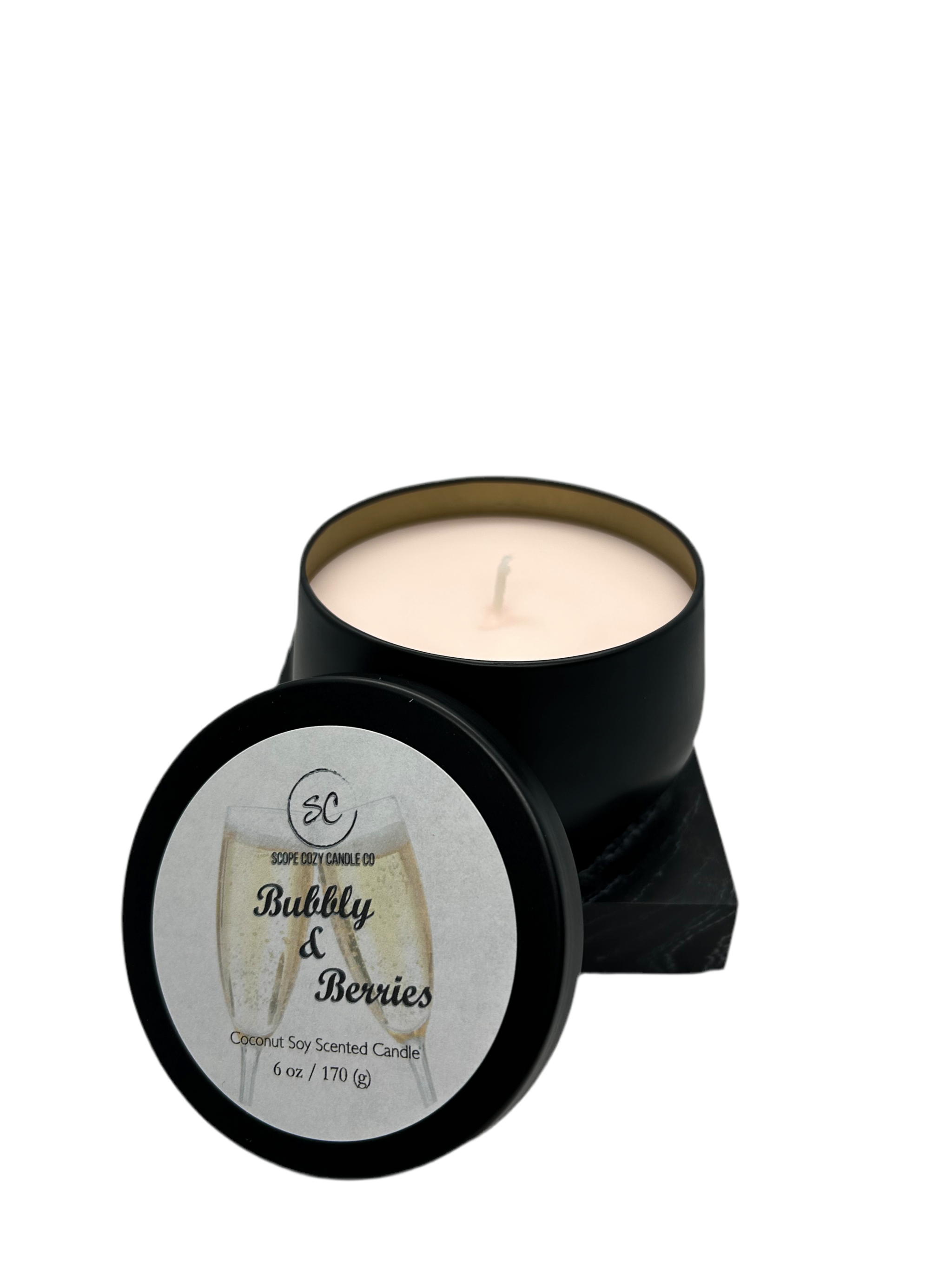 Bubbly & Berries 6oz coconut soy wax candle with strawberry and champagne scent in black container