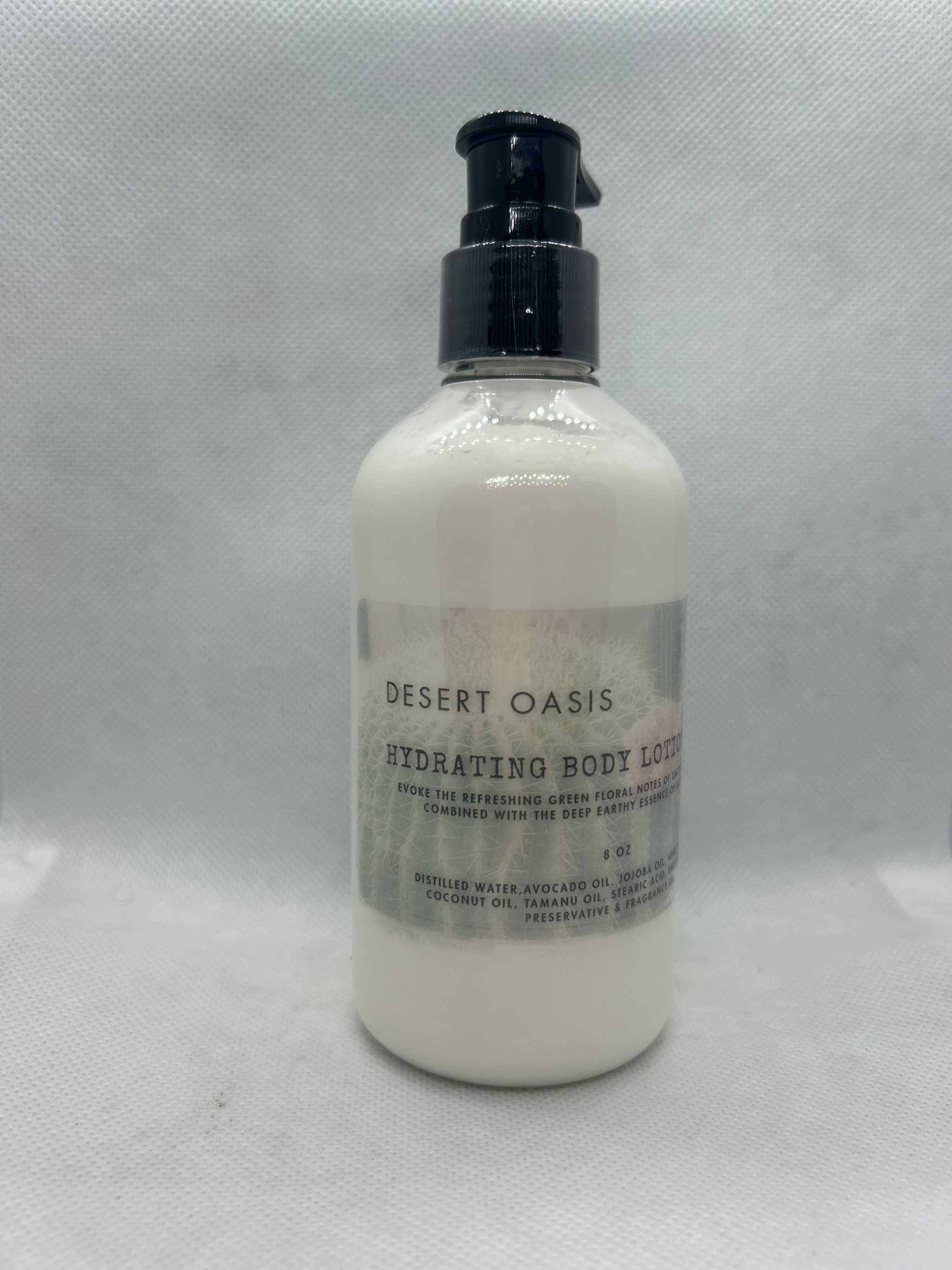 Desert Oasis Hydrating Body Lotion 8oz bottle with moisturizing blend of cactus flower, jade, and sea moss for hydrated skin