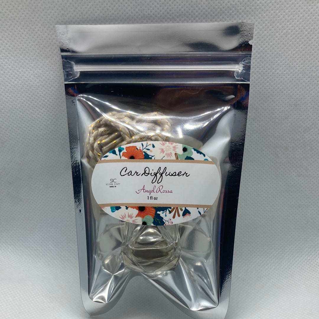 Angel Rossa car diffuser with tropical fruity floral scent in resealable silver pouch