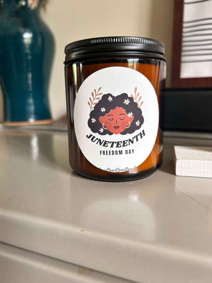 7oz Freedom Day Juneteenth Coconut Soy Scented Candle with bamboo and citrus notes in amber jar