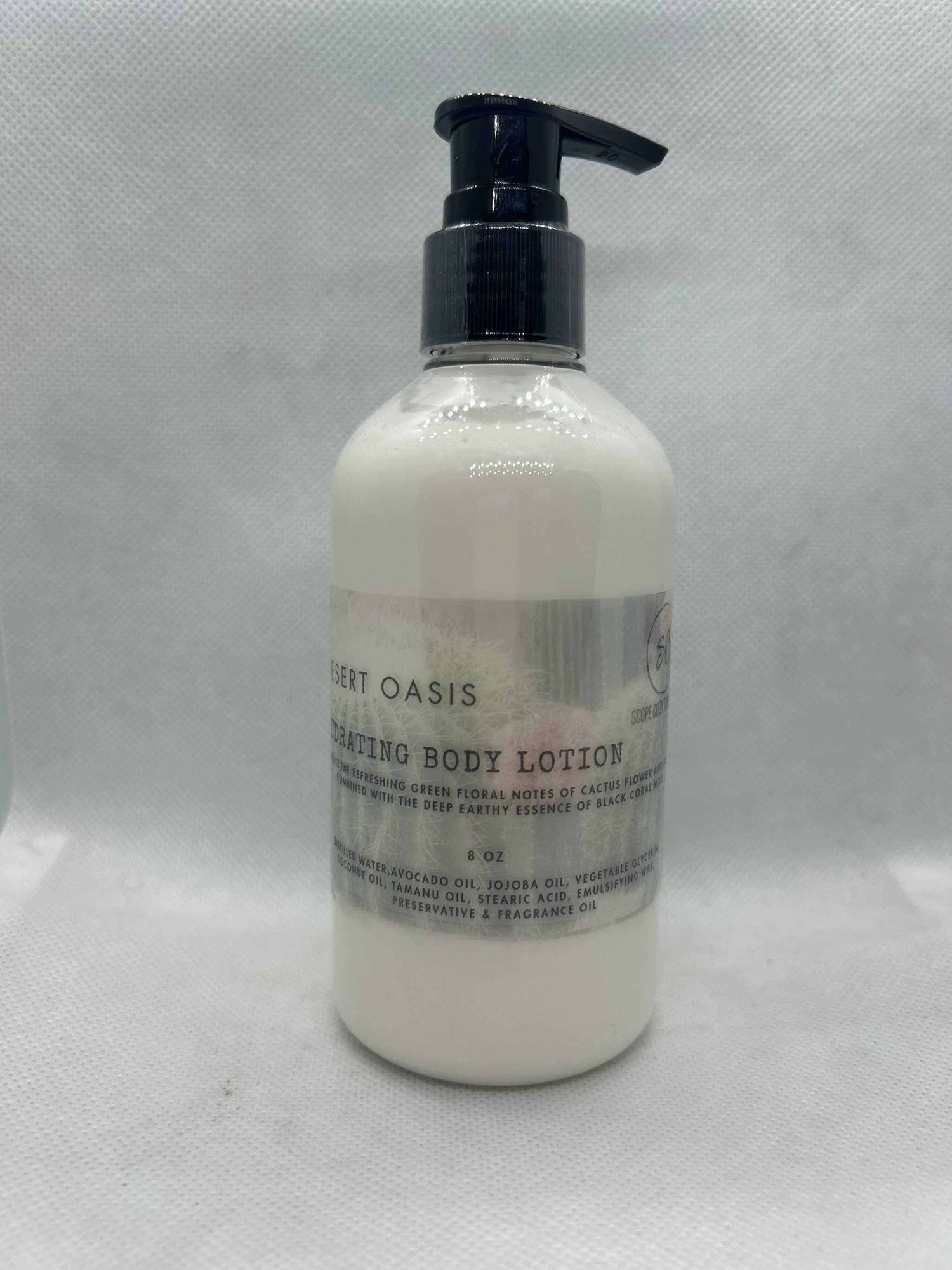 Desert Oasis Hydrating Body Lotion 8oz bottle with moisturizing blend of cactus flower, jade, and sea moss ingredients