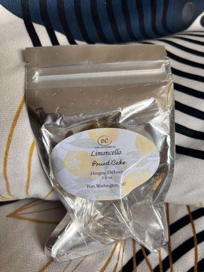 Limoncello Pound Cake Diffuser in resealable silver pouch with lemon-themed label and natural scent elements