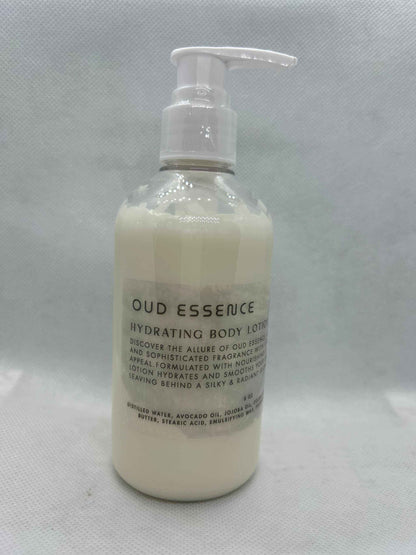 Oud Essence Hydrating Body Lotion with tonka, avocado, jojoba oils, and cocoa butter in 8oz pump bottle