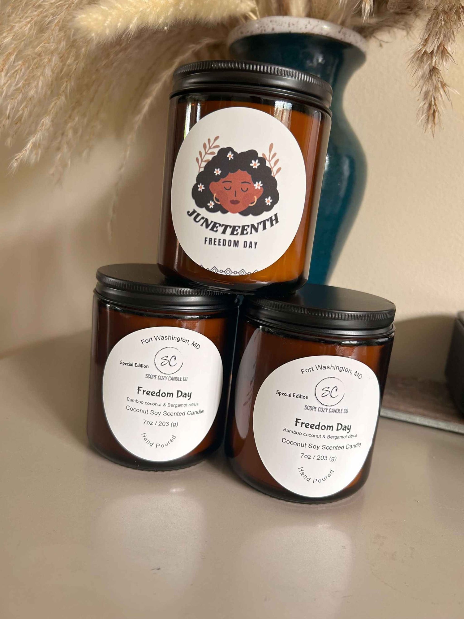 Freedom Day Coconut Soy Scented Candle 7oz with Juneteenth design and tropical bamboo coconut fragrance