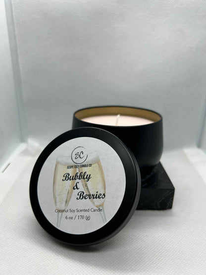 Bubbly &amp; Berries 6oz coconut soy wax candle with strawberry and champagne scent in black container with lid