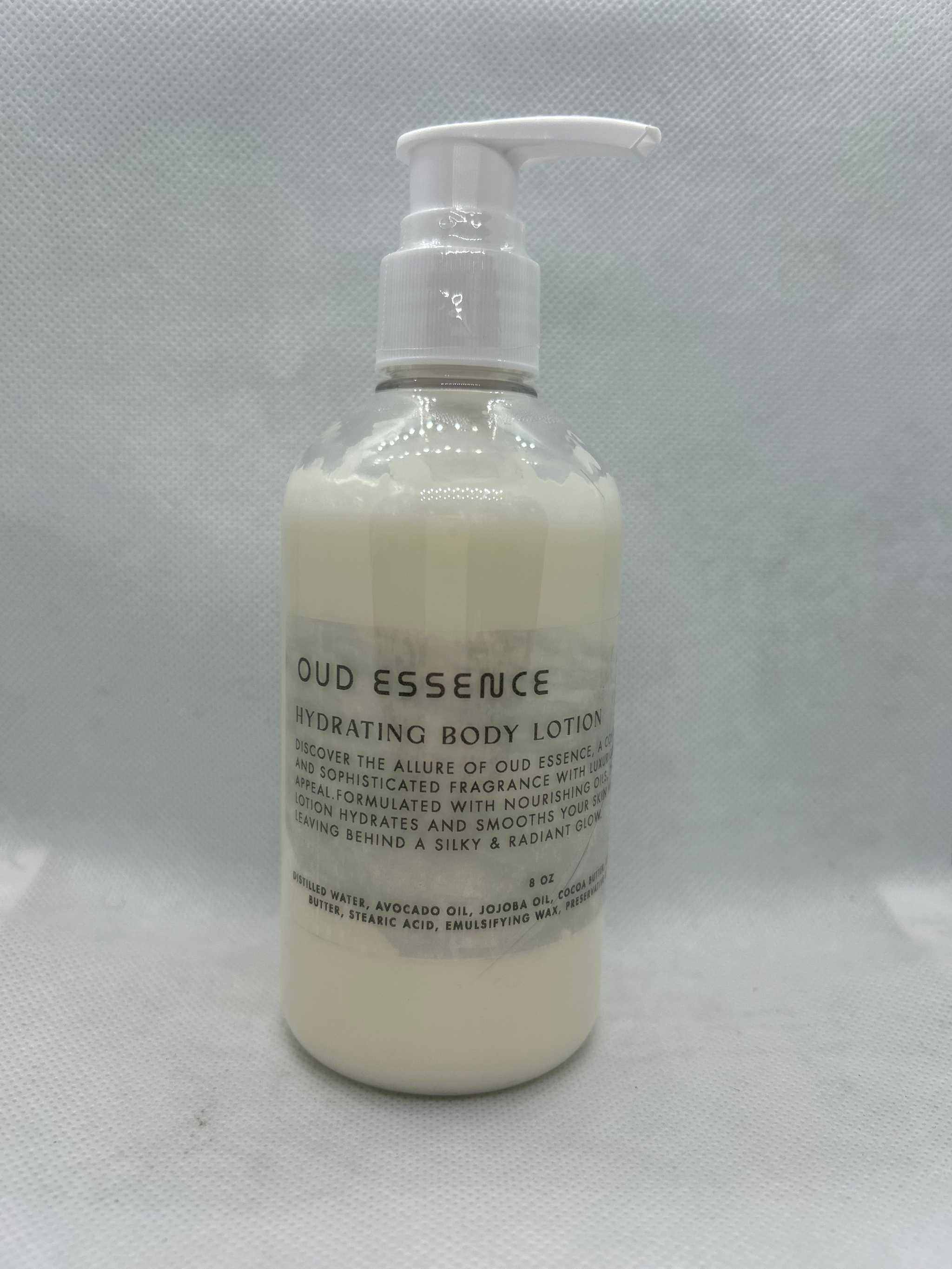Essence Body Lotion Oud Essence hydrating lotion with tonka, avocado, jojoba oils, and cocoa butter in 8oz pump bottle