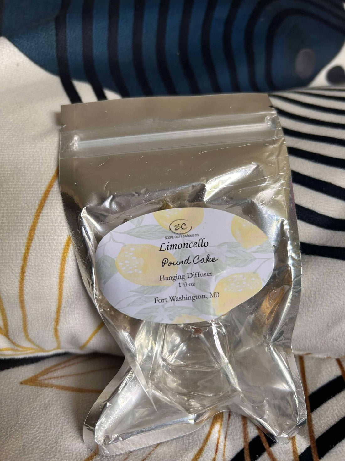 Limoncello Pound Cake Diffuser hanging scent with lemon and mint fragrance in clear packaging