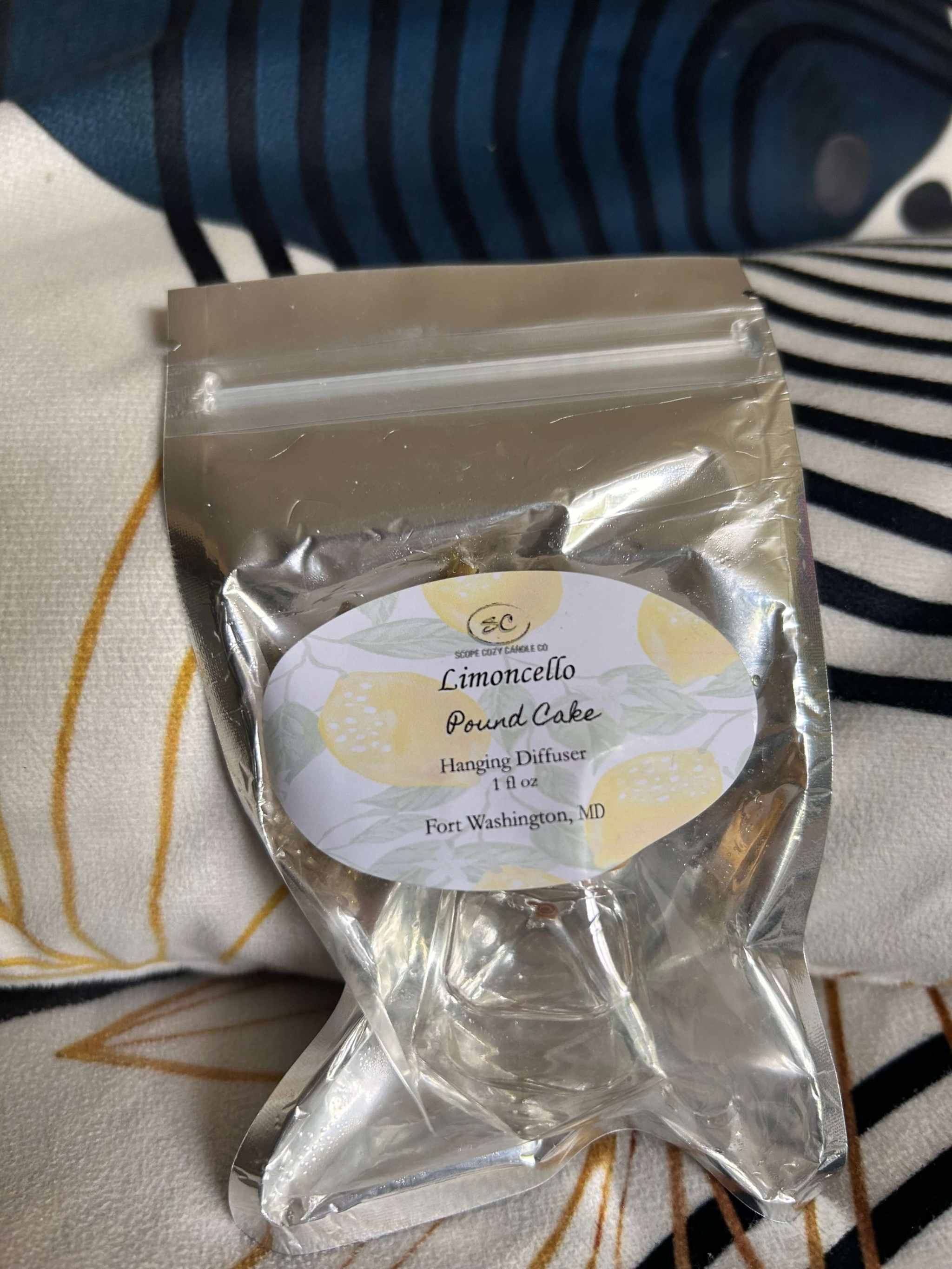 Limoncello Pound Cake Diffuser hanging scent with lemon and mint fragrance in clear packaging