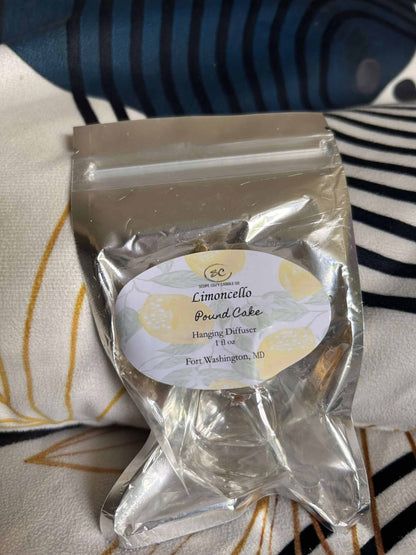 Limoncello Pound Cake Diffuser hanging scent with lemon and mint fragrance in clear packaging