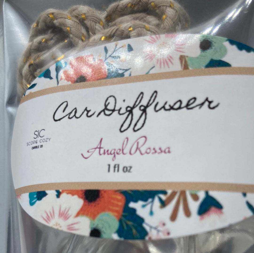 Angel Rossa car diffuser with floral and fruity tropical scent featuring citrus, mango, berries, and pineapple notes