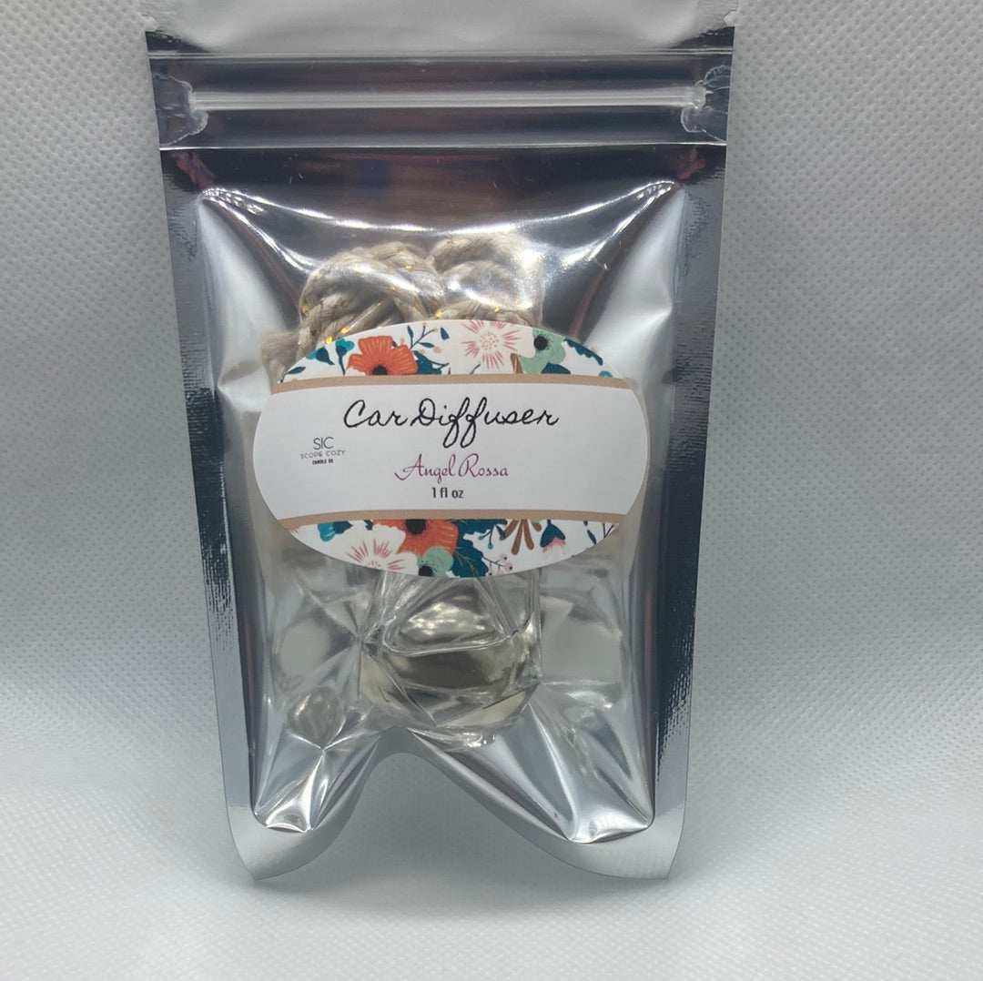 Angel Rossa car diffuser with floral packaging and tropical fruity scent inspired by Escada perfume