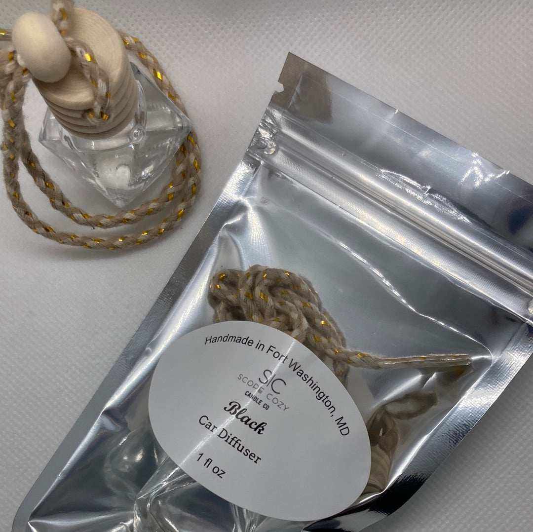 Black hanging diffuser with wooden cap and braided rope for car or space fragrance